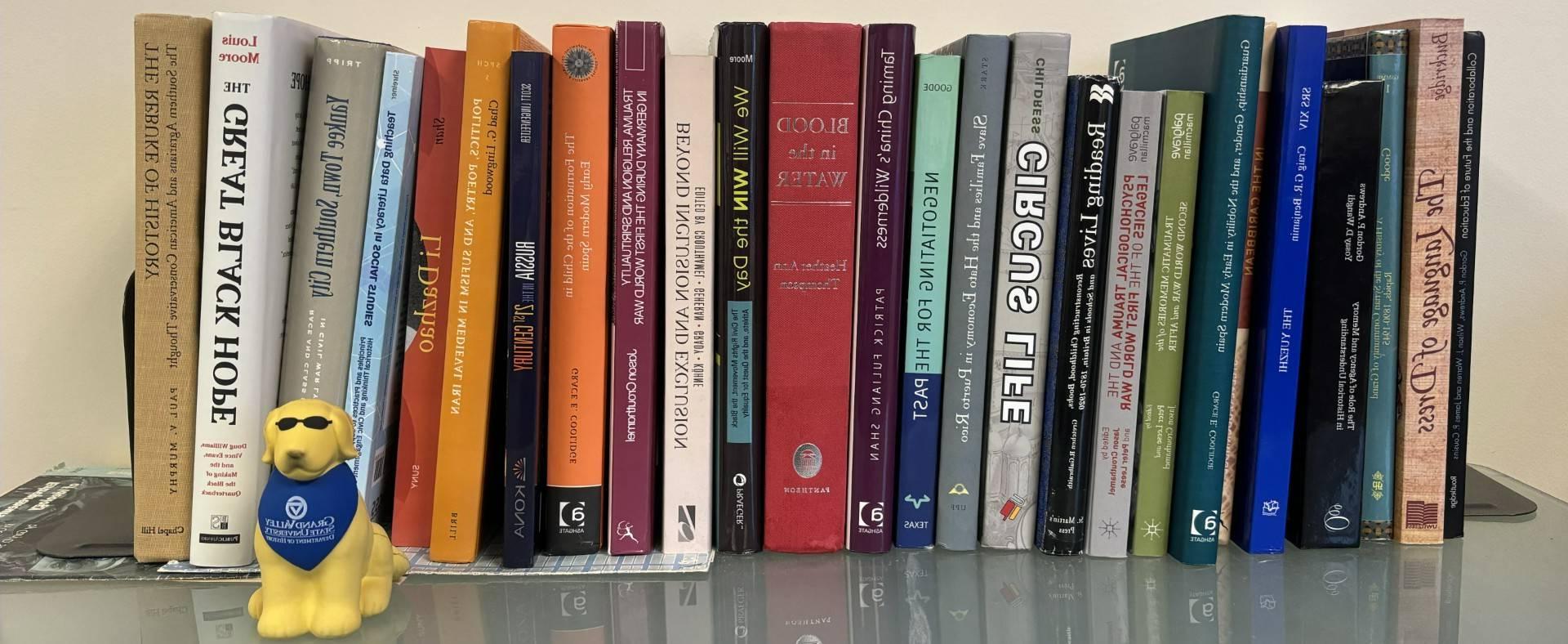 a row of books on a shelf with Harold the history hound sitting in front